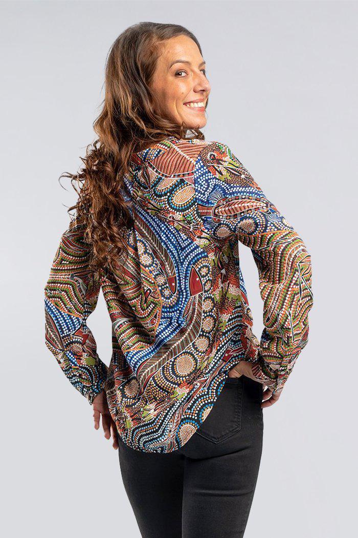 Aboriginal Art Clothing-Healing Land, Rivers, Sea and Ocean V Neck Women's Long Sleeve Blouse-Yarn Marketplace