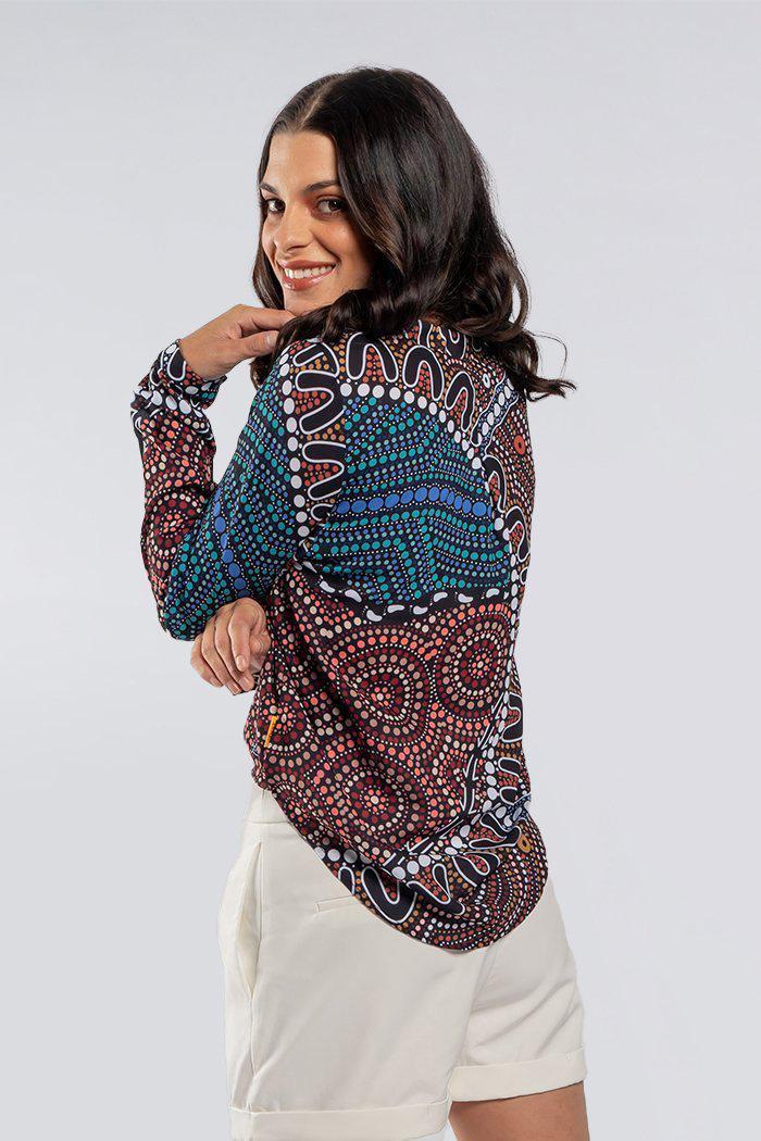 Aboriginal Art Clothing-Heal Our Nura V Neck Women's Long Sleeve Blouse-Yarn Marketplace