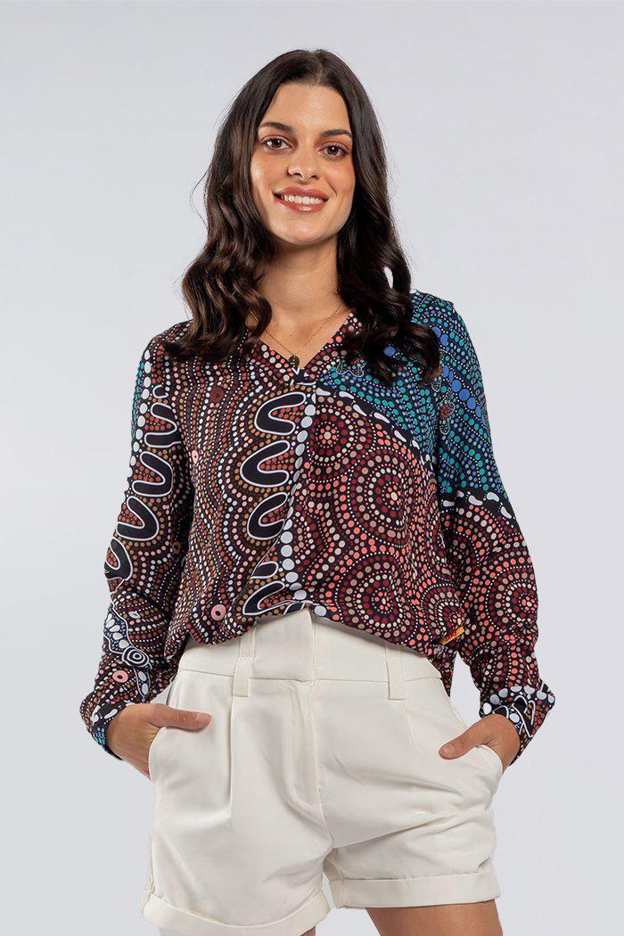 Aboriginal Art Clothing-Heal Our Nura V Neck Women's Long Sleeve Blouse-Yarn Marketplace