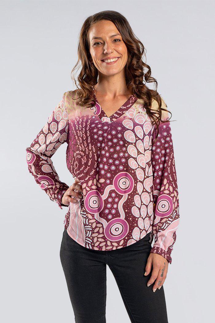 Aboriginal Art Clothing-Learn Heal Grow V Neck Women's Long Sleeve Blouse-Yarn Marketplace