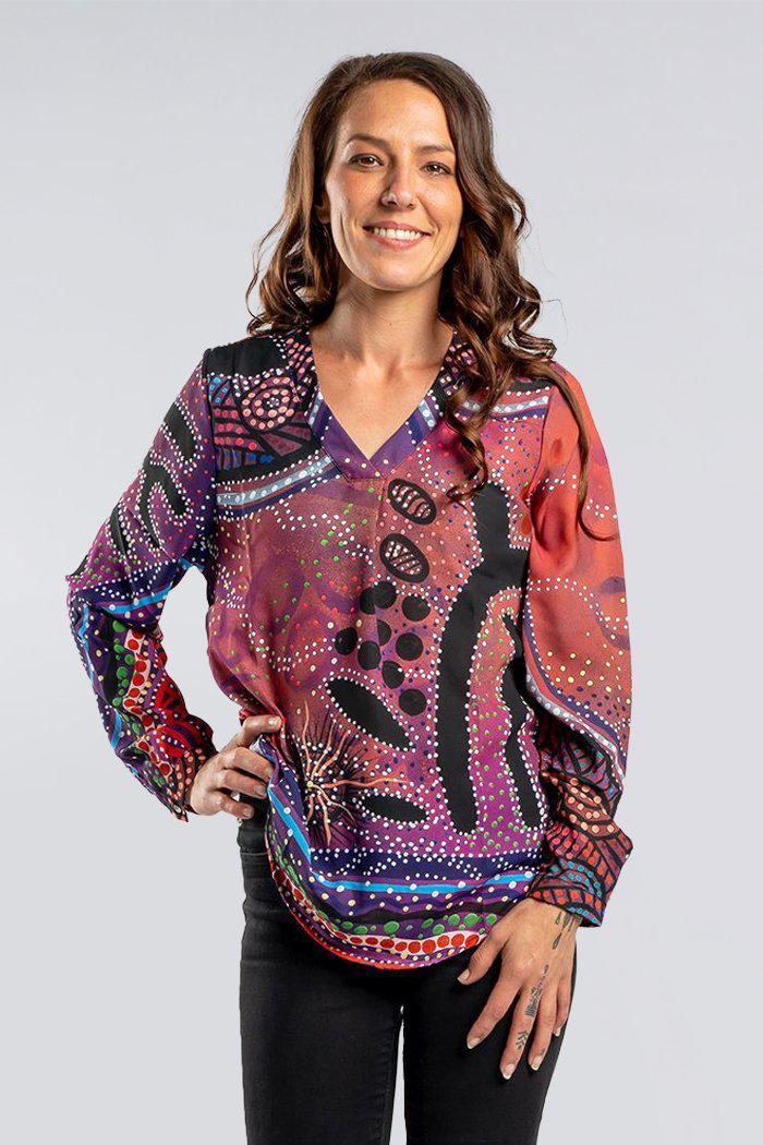 Aboriginal Art Clothing-Leaders V Neck Women's Long Sleeve Blouse-Yarn Marketplace