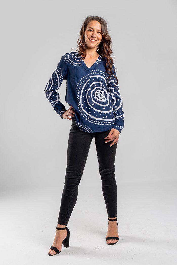 Aboriginal Art Clothing-Mother Earth V Neck Women's Long Sleeve Blouse-Yarn Marketplace