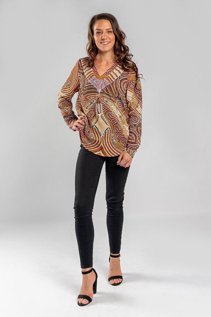 Aboriginal Art Clothing-Mothers Strength V Neck Women's Long Sleeve Blouse-Yarn Marketplace