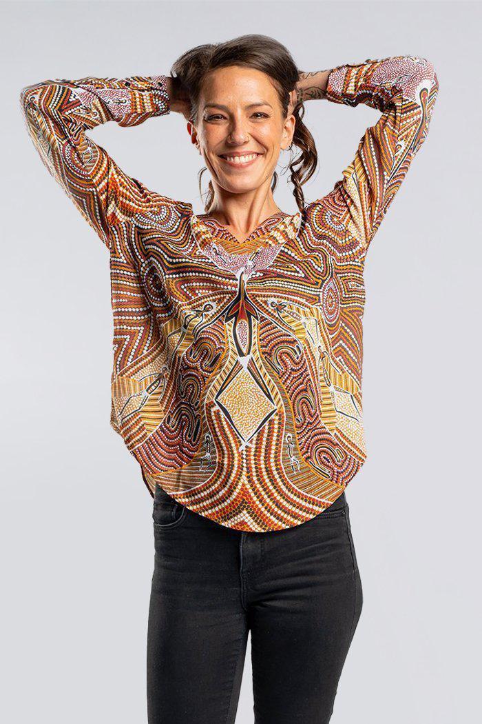 Aboriginal Art Clothing-Mothers Strength V Neck Women's Long Sleeve Blouse-Yarn Marketplace