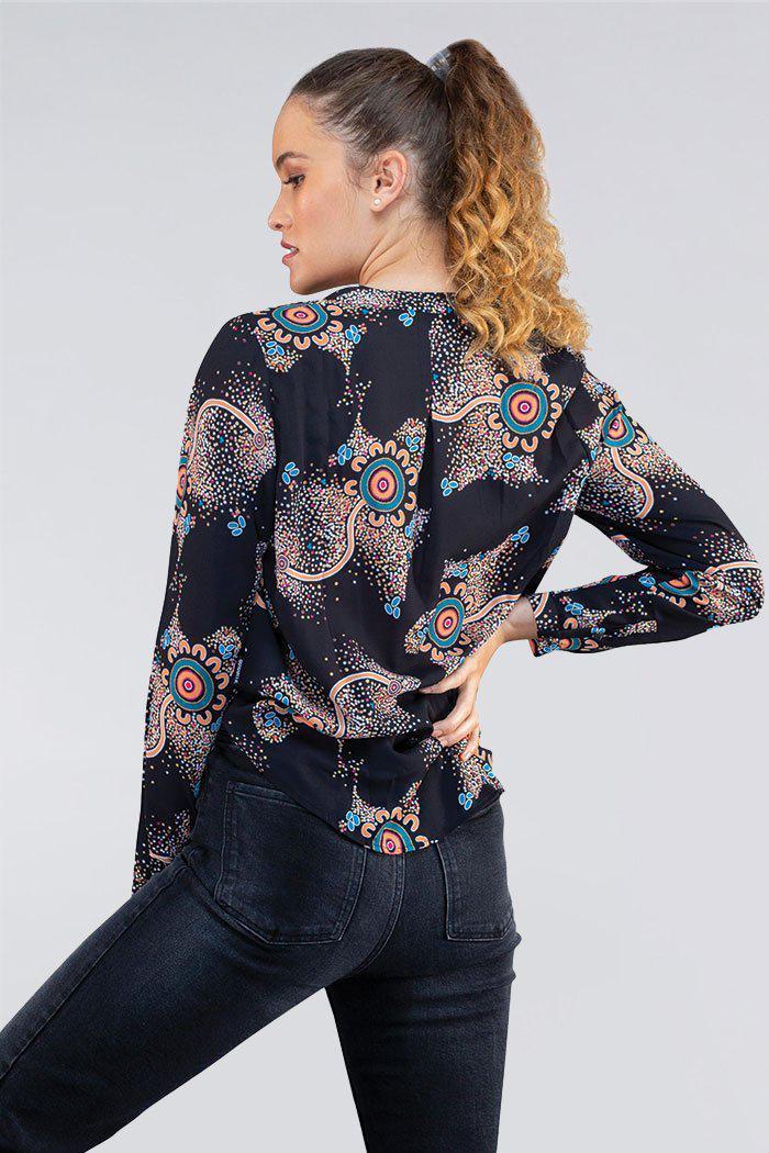 Aboriginal Art Clothing-Our Beautiful Country V Neck Women's Long Sleeve Blouse-Yarn Marketplace