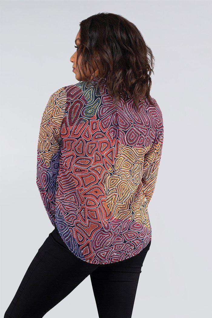 Aboriginal Art Clothing-Our Many Tribes V Neck Women's Long Sleeve Blouse-Yarn Marketplace