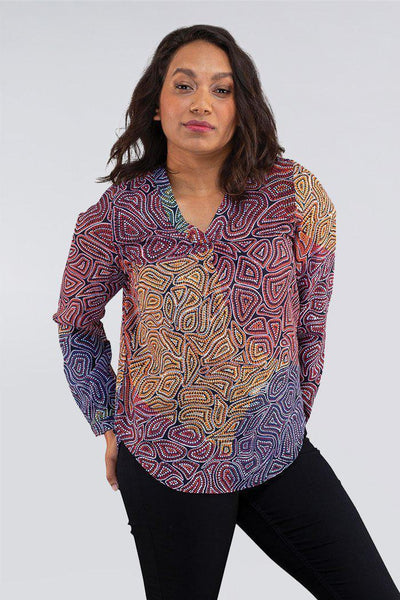 Aboriginal Art Clothing-Our Many Tribes V Neck Women's Long Sleeve Blouse-Yarn Marketplace