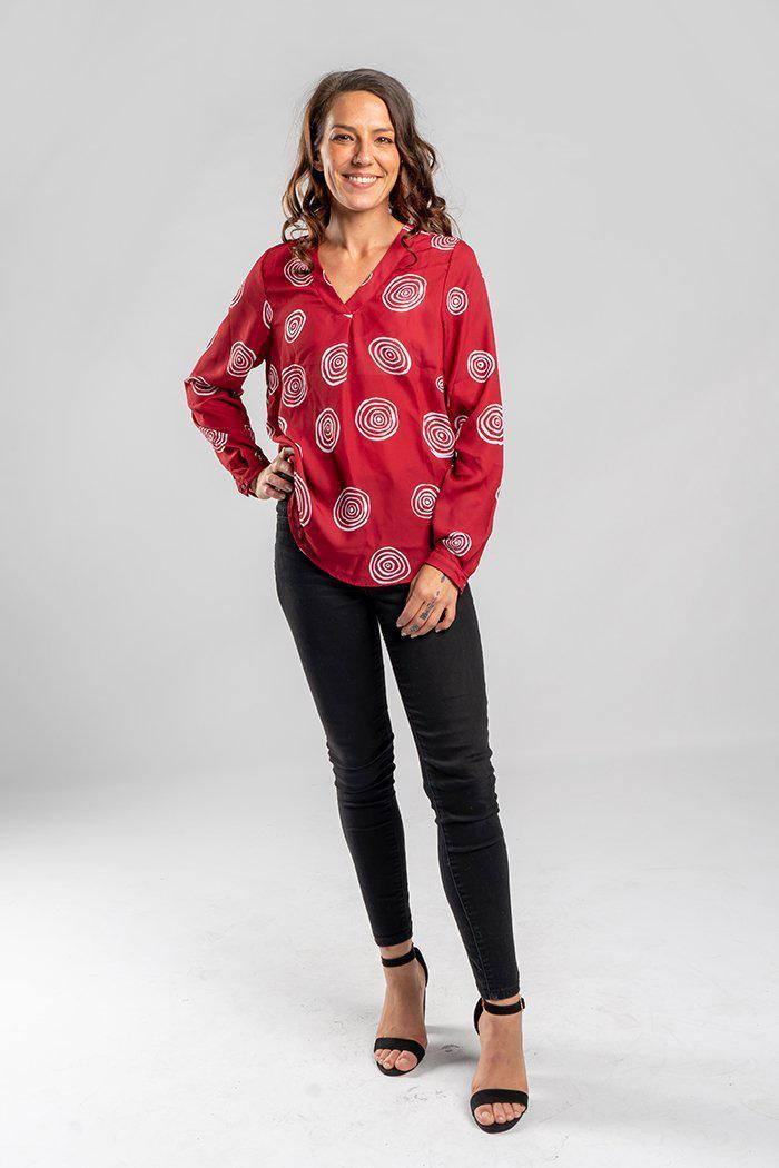 Aboriginal Art Clothing-Songlines Red V Neck Women's Long Sleeve Blouse-Yarn Marketplace