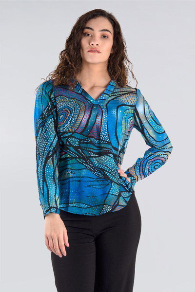 Aboriginal Art Clothing-Yalingbila Balgany V Neck Women's Long Sleeve Blouse-Yarn Marketplace