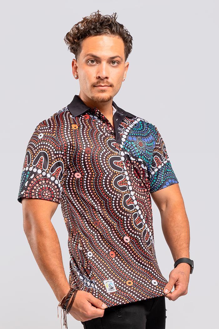 Aboriginal Art Clothing-Heal Our Nura Recycled Unisex Polo Shirt-Yarn Marketplace