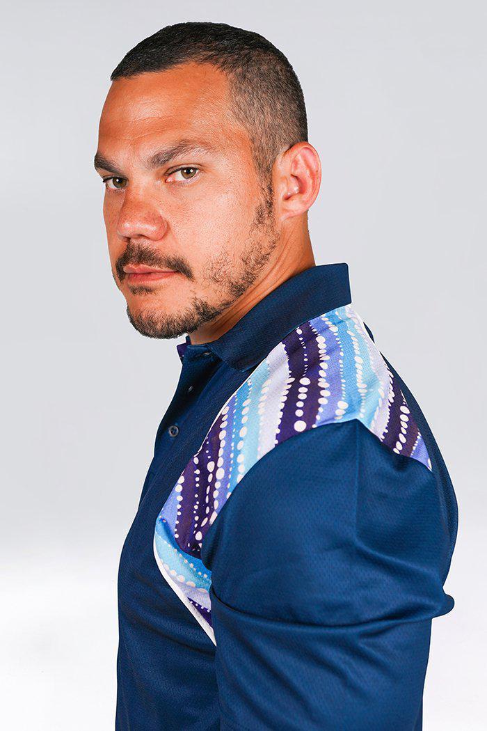 Aboriginal Art Clothing-Water Dreaming UPF 50 Bamboo Contrast Unisex Polo Shirt-Yarn Marketplace