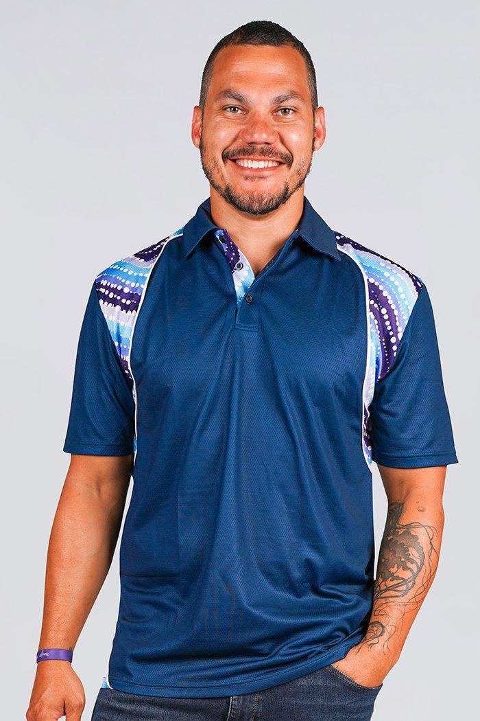 Aboriginal Art Clothing-Water Dreaming UPF 50 Bamboo Contrast Unisex Polo Shirt-Yarn Marketplace