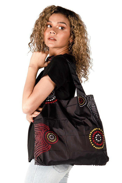 Aboriginal Art Australia-Communities Black Fold-Up Reusable Shopping Bag-Yarn Marketplace