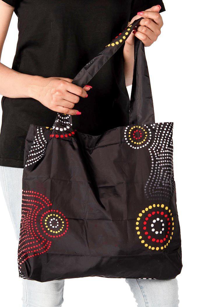 Aboriginal Art Australia-Communities Black Fold-Up Reusable Shopping Bag-Yarn Marketplace