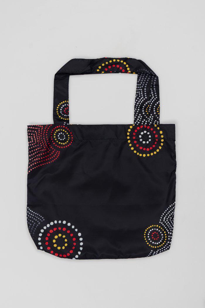 Aboriginal Art Australia-Communities Black Fold-Up Reusable Shopping Bag-Yarn Marketplace