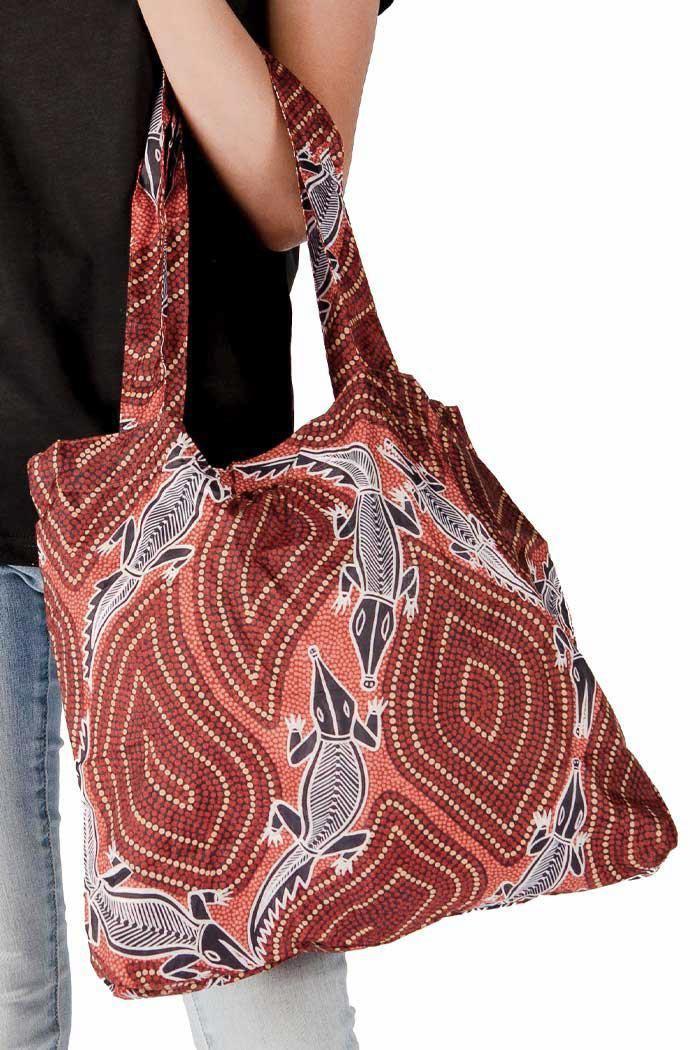 Aboriginal Art Australia-Croc Story Fold-Up Reusable Shopping Bag-Yarn Marketplace