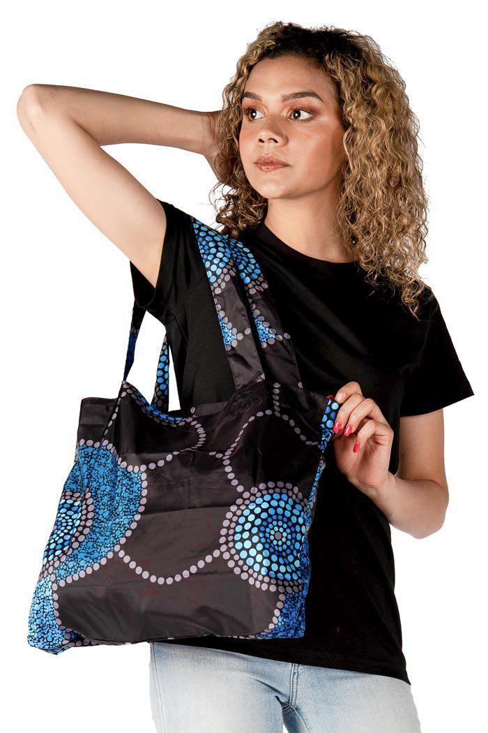 Aboriginal Art Australia-Community Unity Aqua Fold-Up Reusable Shopping Bag-Yarn Marketplace