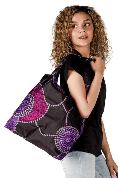 Aboriginal Art Australia-Community Unity Purple Fold-Up Reusable Shopping Bag-Yarn Marketplace