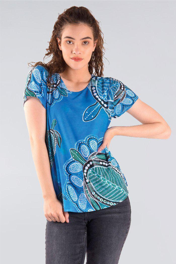 Aboriginal Art Clothing-Ocean Turtles Women's Fashion Top-Yarn Marketplace