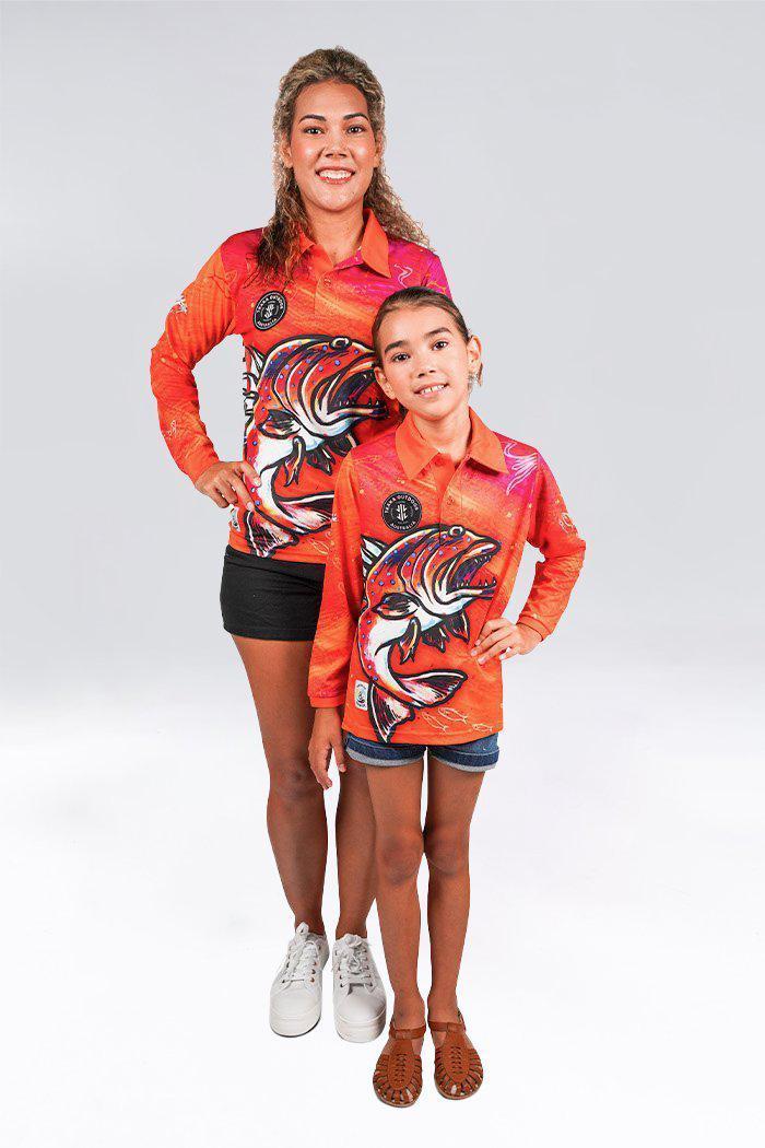 Aboriginal Art Clothing-Coral Trout Dreams Bright Recycled Women’s Fitted Long Sleeve Polo Shirt-Yarn Marketplace