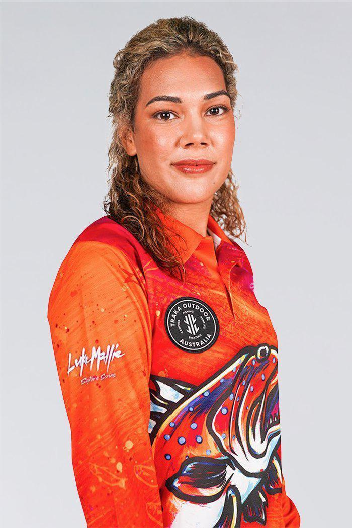 Aboriginal Art Clothing-Coral Trout Dreams Bright Recycled Women’s Fitted Long Sleeve Polo Shirt-Yarn Marketplace