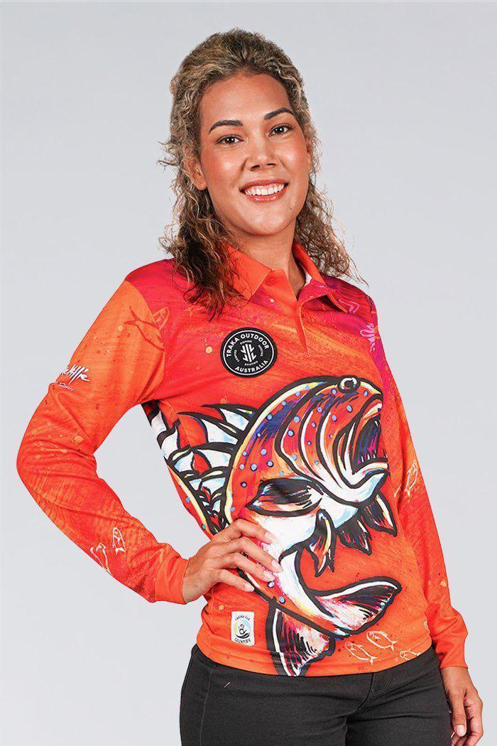 Aboriginal Art Clothing-Coral Trout Dreams Bright Recycled Women’s Fitted Long Sleeve Polo Shirt-Yarn Marketplace