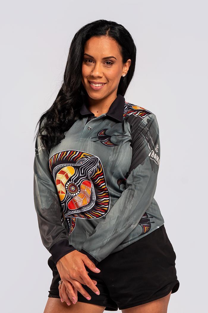 Aboriginal Art Clothing-Stingray Fever UPF 50 Women's Fitted Long Sleeve Polo Shirt-Yarn Marketplace