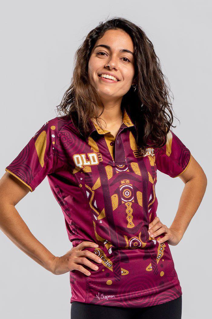 Aboriginal Art Clothing-QLD Tribute Women's Fitted Sports Polo Shirt-Yarn Marketplace