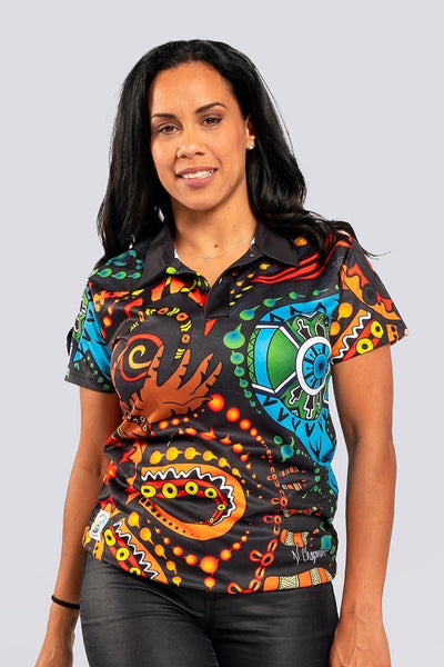 Aboriginal Art Clothing-Cultural Healing Recycled Women’s Fitted Polo Shirt-Yarn Marketplace