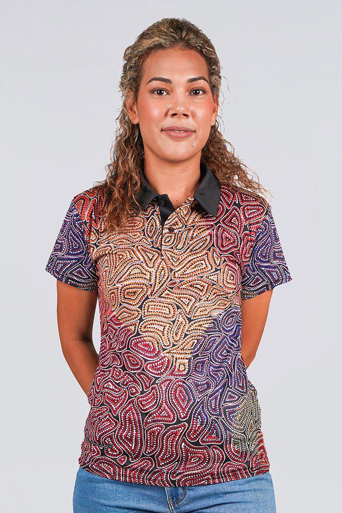 Aboriginal Art Clothing-Our Many Tribes UPF 50 Women's Fitted Polo Shirt-Yarn Marketplace