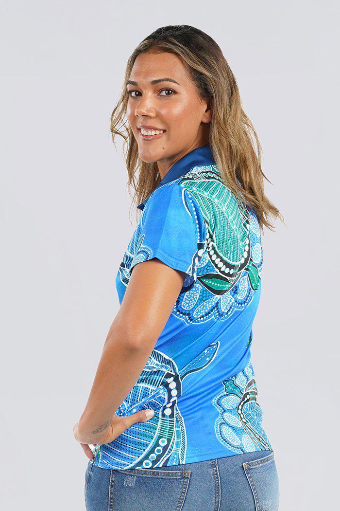 Aboriginal Art Clothing-Ocean Turtles UPF 50 Women's Fitted Polo Shirt-Yarn Marketplace