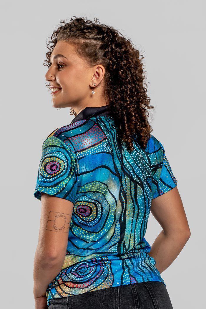 Aboriginal Art Clothing-Yalingbila Balgany UPF 50 Women's Fitted Polo Shirt-Yarn Marketplace