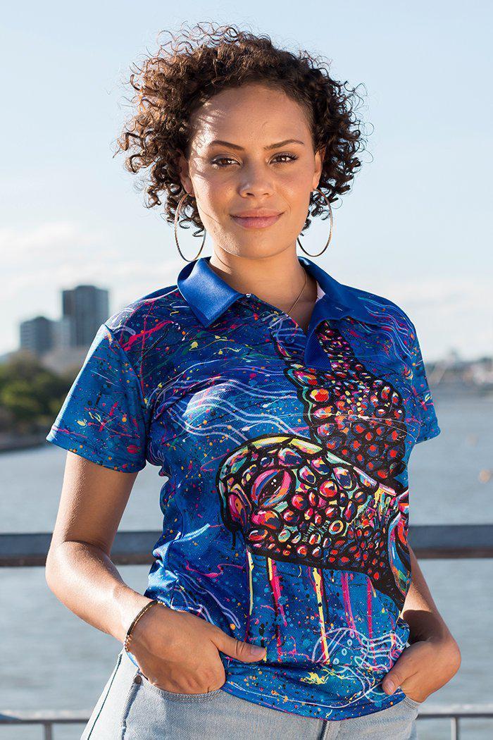 Aboriginal Art Clothing-Green Sea Turtle Dreaming UPF 50 Women's Fitted Polo Shirt-Yarn Marketplace