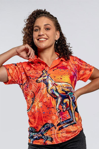 Aboriginal Art Clothing-Kangaroo & Goanna Dreaming UPF 50 Women's Fitted Polo Shirt-Yarn Marketplace