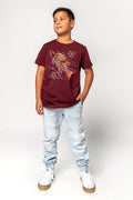 Aboriginal Art Clothing-Barramundi Hunt Burgundy Cotton Crew Neck Kids T-Shirt-Yarn Marketplace