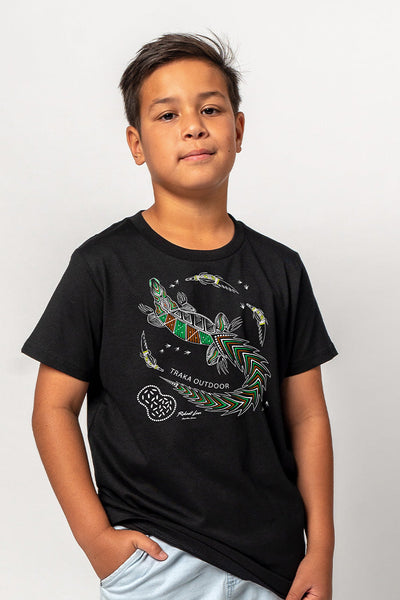 Aboriginal Art Clothing-Croc Country Black Cotton Crew Neck Kids T-Shirt-Yarn Marketplace