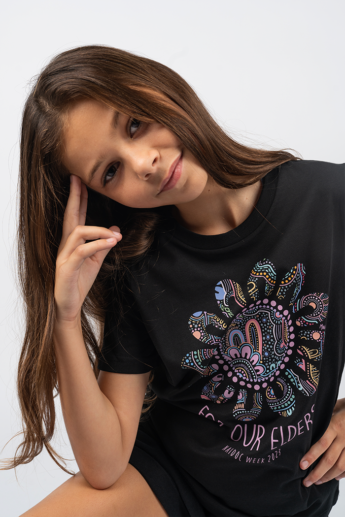 Connection Through Generations (Purple) NAIDOC WEEK 2023 Black Cotton Crew Neck Kids T-Shirt