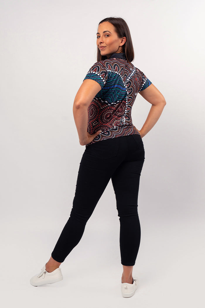 Aboriginal Art Clothing-Heal Our Nura Recycled Women’s Fitted Polo Shirt-Yarn Marketplace