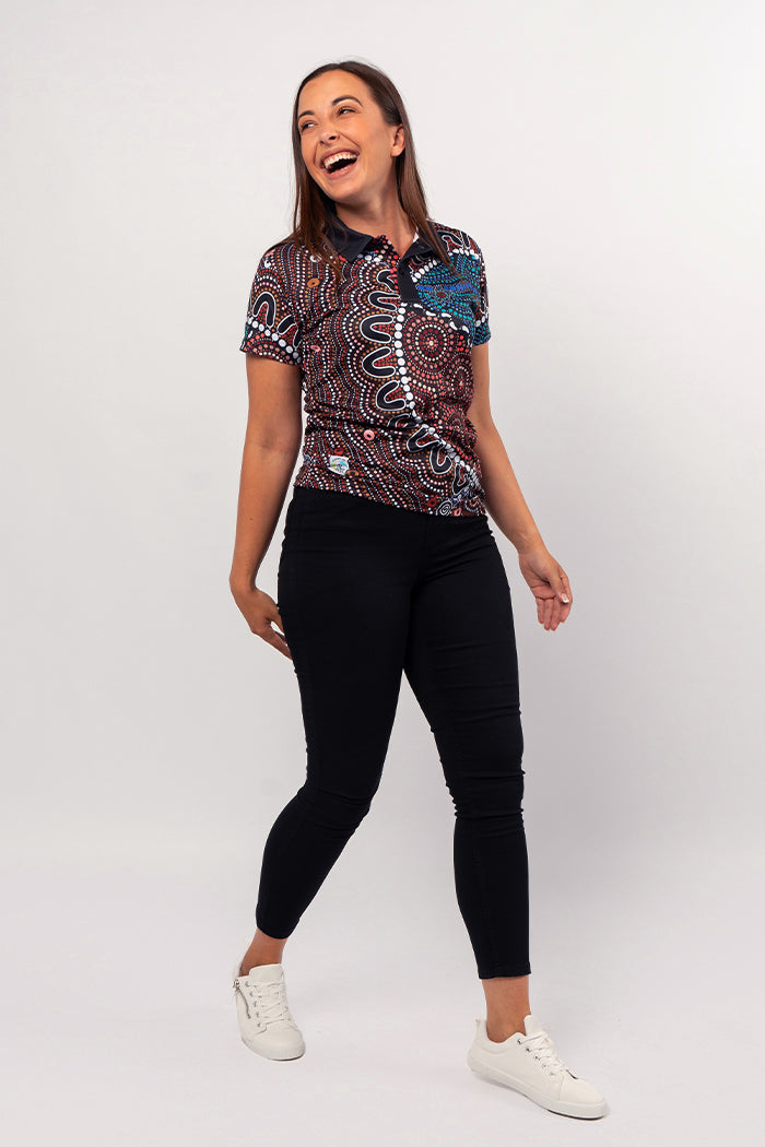 Aboriginal Art Clothing-Heal Our Nura Recycled Women’s Fitted Polo Shirt-Yarn Marketplace