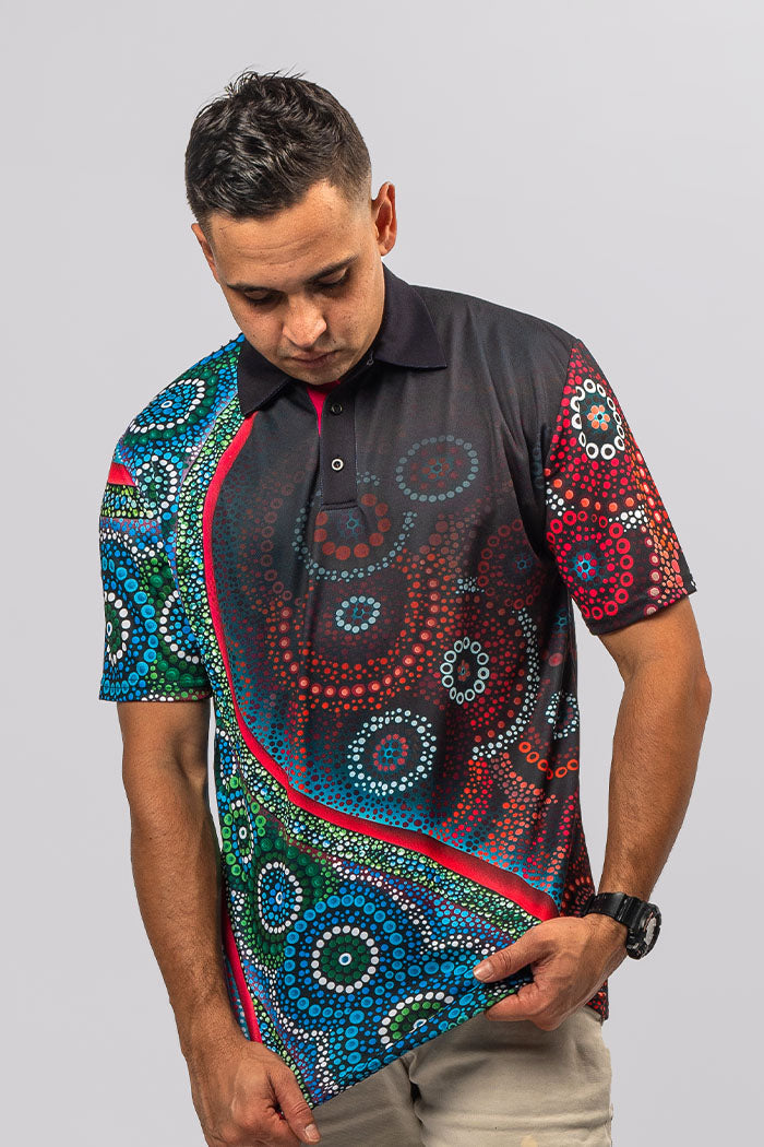 Aboriginal Art Clothing-Salt Meets Earth UPF 50 Unisex Polo Shirt-Yarn Marketplace