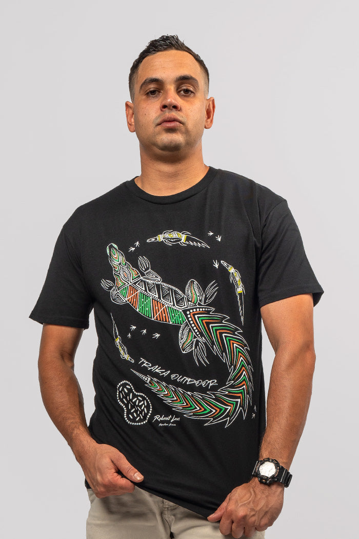 Aboriginal Art Clothing-Croc Country Black Cotton Crew Neck Unisex T-Shirt-Yarn Marketplace