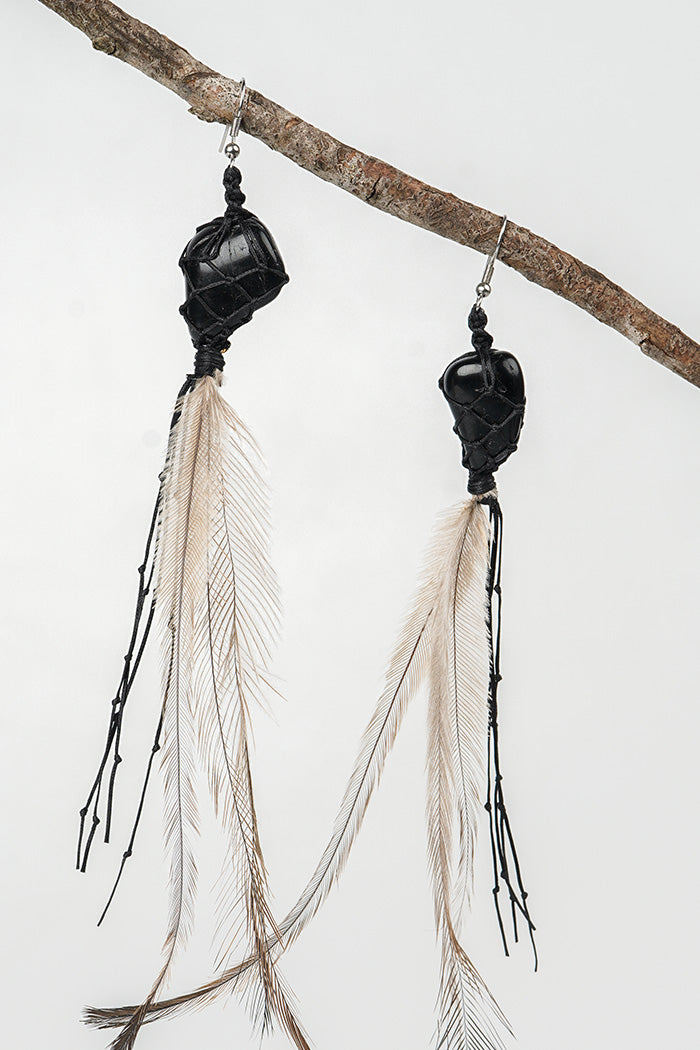 Dha Ngui "Earth Emu" Feathered Black Tourmaline Net Bound Earrings