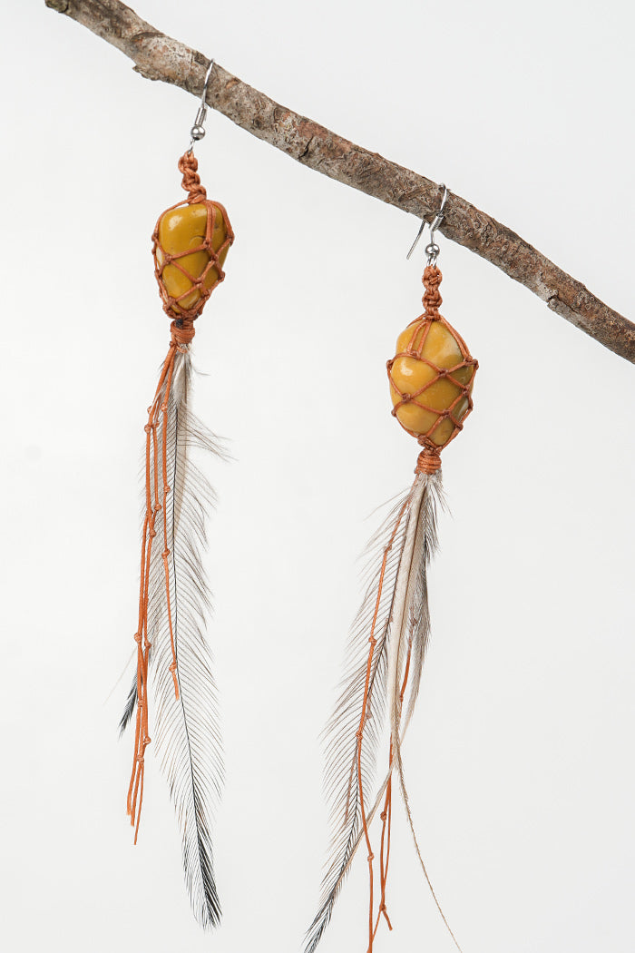 Dha Ngui "Earth Emu" Feathered Mookaite Net Bound Earrings