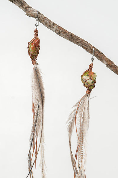 Dha Ngui "Earth Emu" Feathered Unakite Jasper Net Bound Earrings