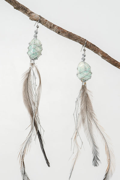 Dha Ngui "Earth Emu" Feathered Amazonite Net Bound Earrings