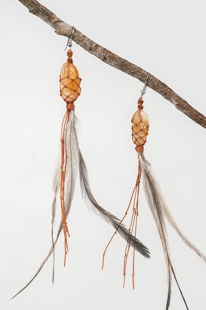 Dha Ngui "Earth Emu" Feathered Citrine Net Bound Earrings