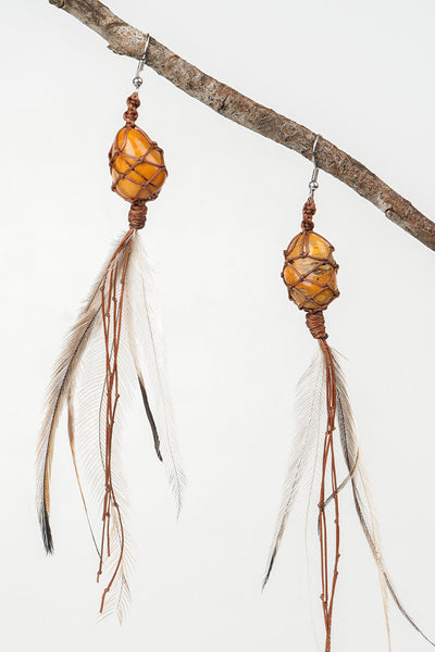 Dha Ngui "Earth Emu" Feathered Yellow Jasper Net Bound Earrings