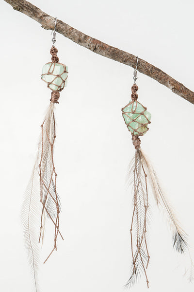 Dha Ngui "Earth Emu" Feathered Emerald Calcite Net Bound Earrings