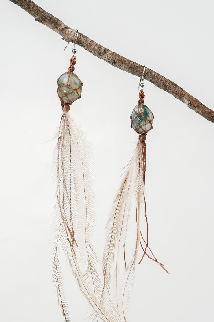 Dha Ngui "Earth Emu" Feathered Moss Agate Net Bound Earrings