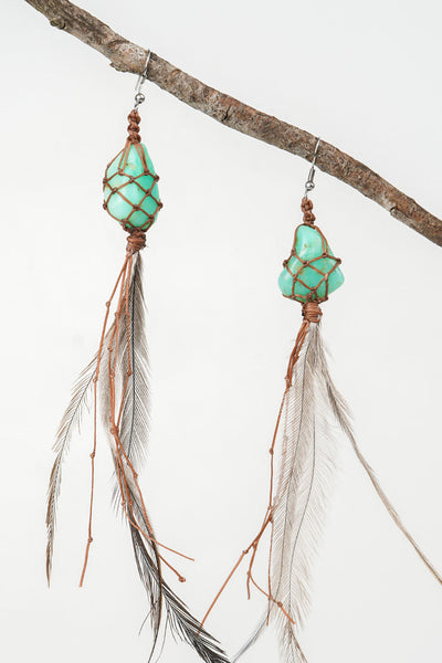 Dha Ngui "Earth Emu" Feathered Chrysoprase Net Bound Earrings